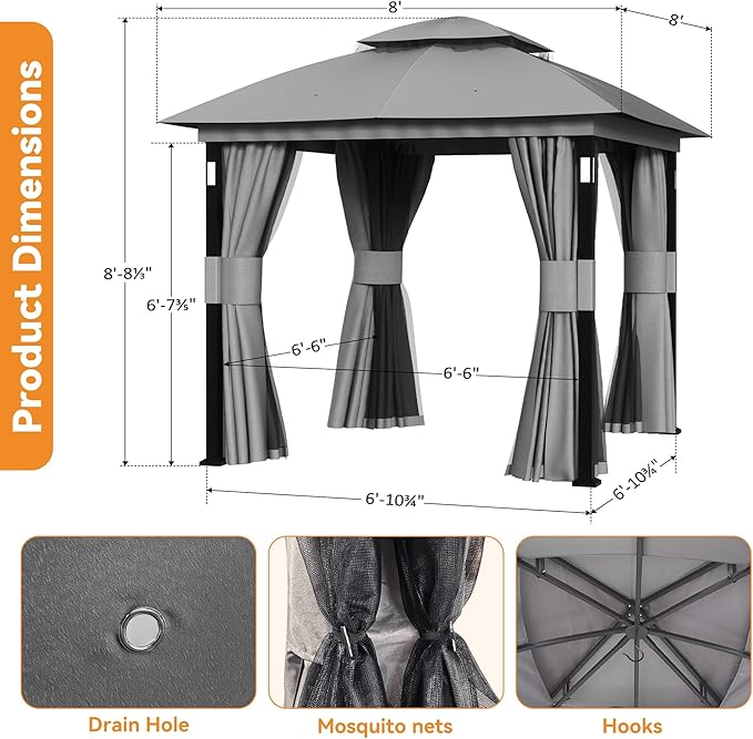 Covered Outdoor Patio Gazebo 8'x8' with LED Lights & Bluetooth Speaker, Heavy Duty Outdoor Canopy Shelter with Metal Frame, Double Roofs, Soft Top Gazebo with Netting and Curtains for Backyard, Gray