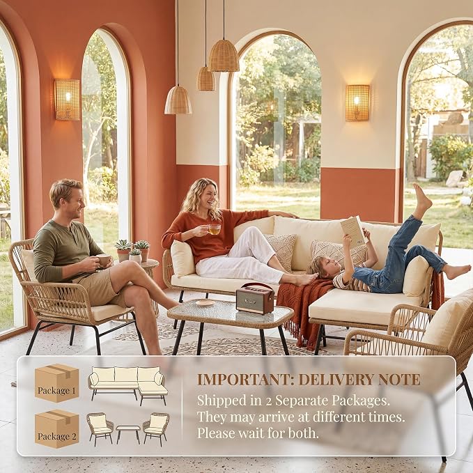 BULEXYARD 5 Pcs Boho Outdoor Patio Furniture Sets, L Shaped Natural Color Wicker Conversation Sectional Sofa w/Cozy Beige Cushion, Outdoor Chairs w/Coffee Table for Backyard Porch Deck