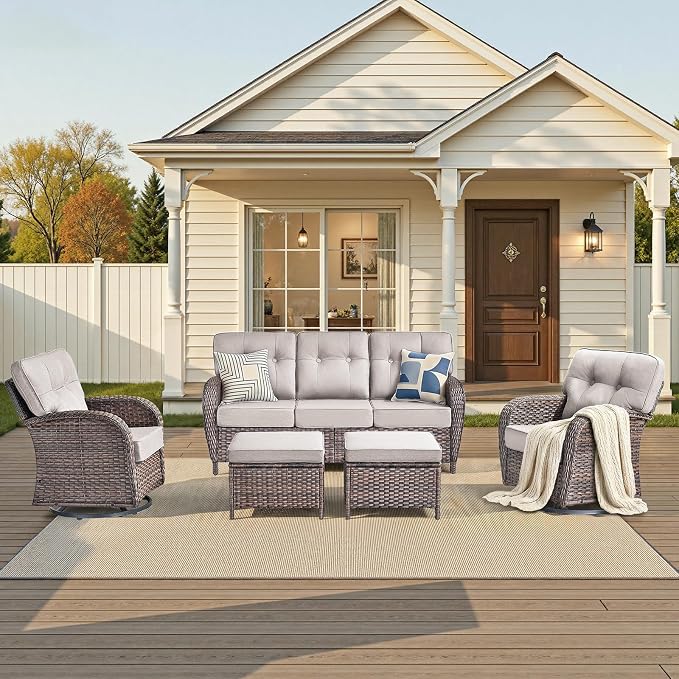 Patio Furniture Set, 5PCS Outdoor Wicker Conversation Set with 5" Thick Cushions, High Back Rattan Sofa & Swivel Rocker Chairs, Weather Resistant Olefin Fabric for Garden, Poolside Brown/Beige