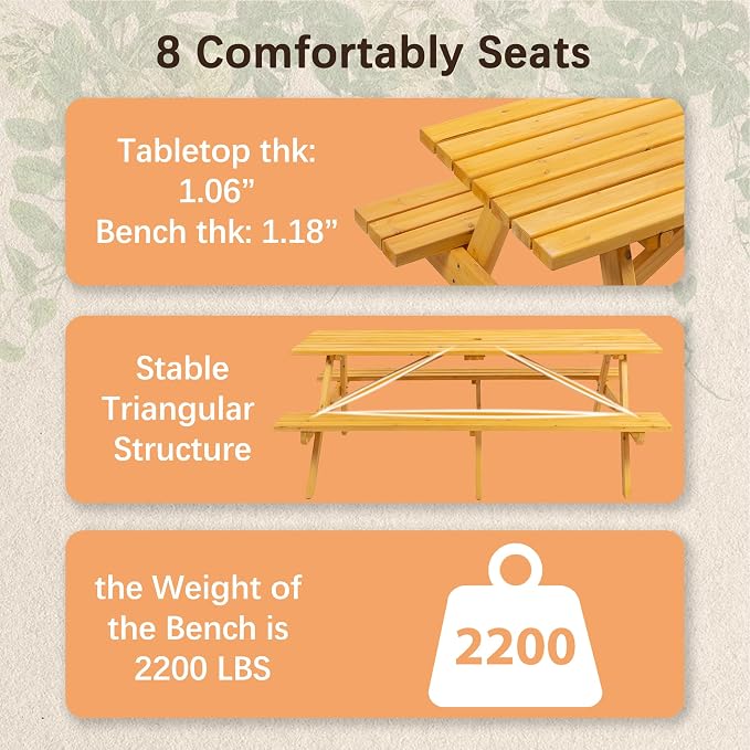 75'' Rectangular Outdoor Dining Table Wooden Patio Dining Table & 2 Built-in Bench for 8, 2" Umbrella Hole, Suitable for Backyard Garden Porch, Natural