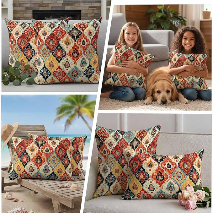 Bohemian Floral Outdoor Pillow Covers 26"x26" Set of 2, Moroccan Exotic Colored Floral Waterproof Throw Pillow Covers for Patio Furniture, Decorative Cushion Covers for Porch
