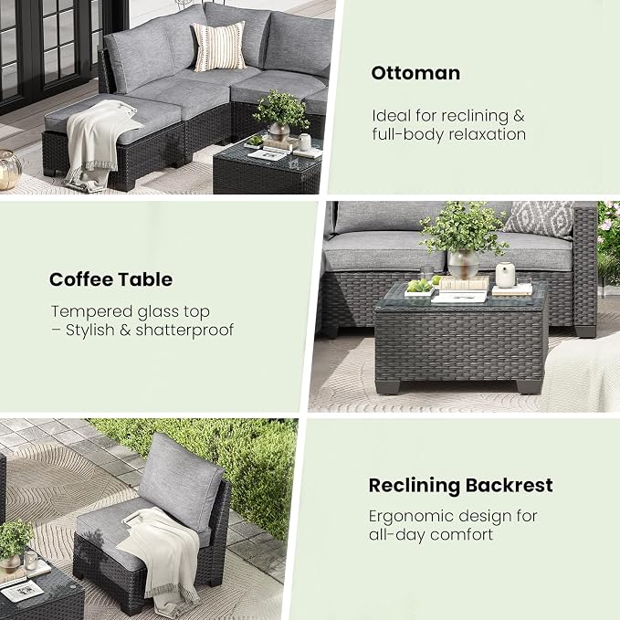 Soohow 7-Piece Patio Furiture Sofa Set, Outdoor Furniture with Corner Sofa, Ottoman, 3 Armless Chairs, One-Arm Sofa & Coffee Table, Water/Oil/Stain-Resistant Fabric (Dark Gray Cushion)