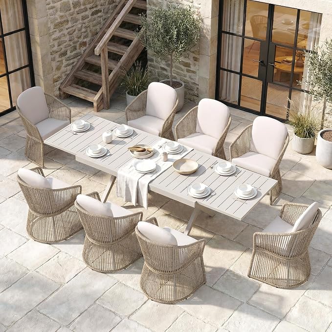 SUNSITT 9 Piece Outdoor Patio Dining Set, 65" - 107" Metal Expandable Outdoor Dining Table with X-Shape Legs, 8 Woven Wicker Outdoor Patio Chairs w/Curved Armrest for Garden, Beige