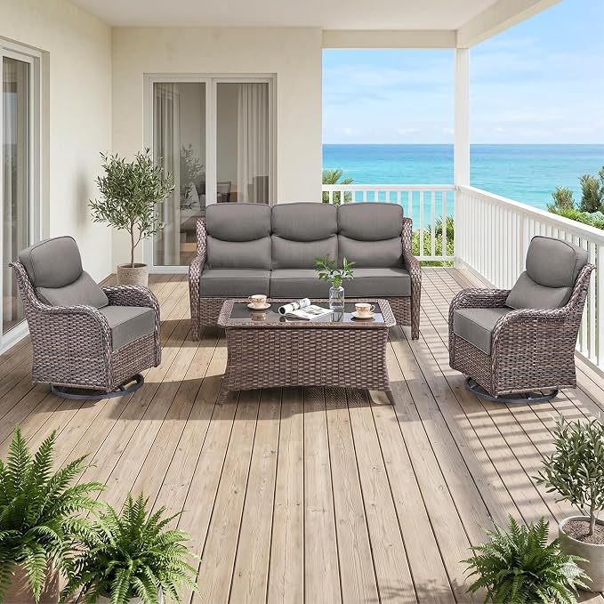 Luxury High Back Outdoor Furniture with 6-Inch Thick Cushions, Patio Furniture Set with Swivel Chairs, 4 PCS Wicker Conversation Set for Porch, Balcony, Deck and Yard