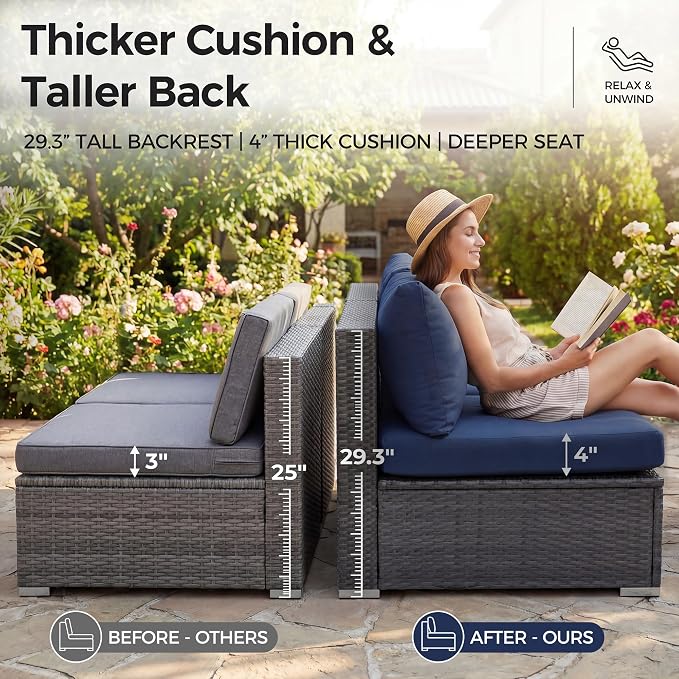 NICESOUL 9 Piece Large Outdoor Patio Furniture Set with Fire Pit Table Gas/Propane, 29.3'' High Back Rattan Modular Sectional Sofa, Extra Wide Conversations for Backyard, 2 Color Cushion Navy & Gray