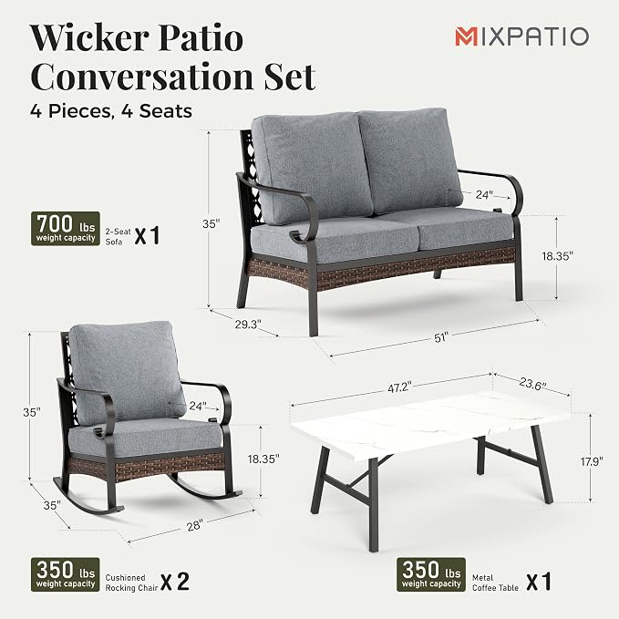 MIXPATIO Patio Furniture Set with Coffee Table, Outdoor Conversation Set with 2 x Rocking Chair, 1 x 2-Seat Sofa for Lawn Garden Backyard, Grey