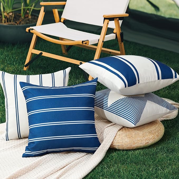 OTOSTAR Decorative Outdoor Throw Pillow Covers 16x16 Inch Waterproof Geometry Pillow Cover Garden Cushion Case Patio Outdoor Pillows Shell for Couch Indoor Tent Furniture Balcony Set of 4 (Navy Blue)