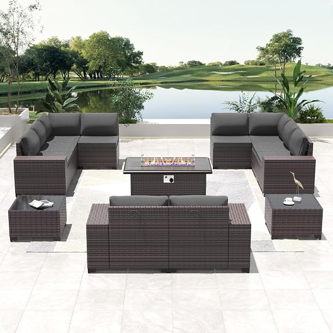13 PCS Outdoor Patio Furniture Set,Outdoor Sectional Furniture with 43" 55000 BTU Gas Propane Fire Pit Table,All Weather PE Rattan Wicker Patio Conversation Set,Grey