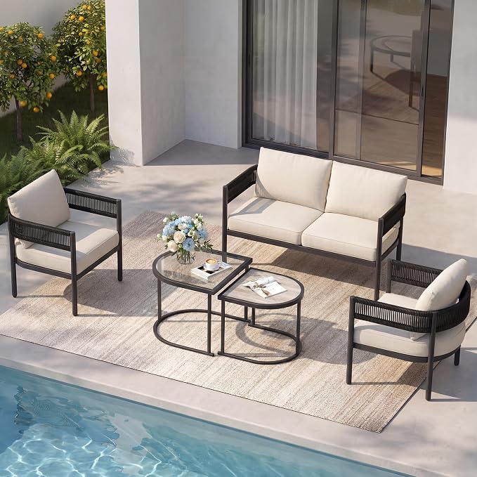 Grand patio 5-Piece Outdoor Furniture Set, 4 Seats Wicker Sofa Conversation Set with Thick Cushions and Coffee Table, for Backyard, Balcony, Garden (Beige)