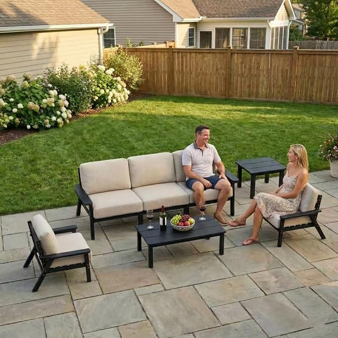 Kingdura HDPE Patio Furniture Set, 3 Piece Outdoor Sectional Sofa with Coffee Table, All Weather Outdoor Couch Conversation Set with Washable Cushions for Backyard Poolside Balcony