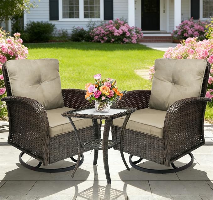 YLGJ&TIDY Outdoor Furniture Swivel Rocker Chairs 3PC Bistro Set 2 Brown Wicker Patio Glider Armchairs with Side Table Cushions Rocking Sofa for Porch Balcony Backyard Deck (Khaki, 3PCS Swivel/Table)