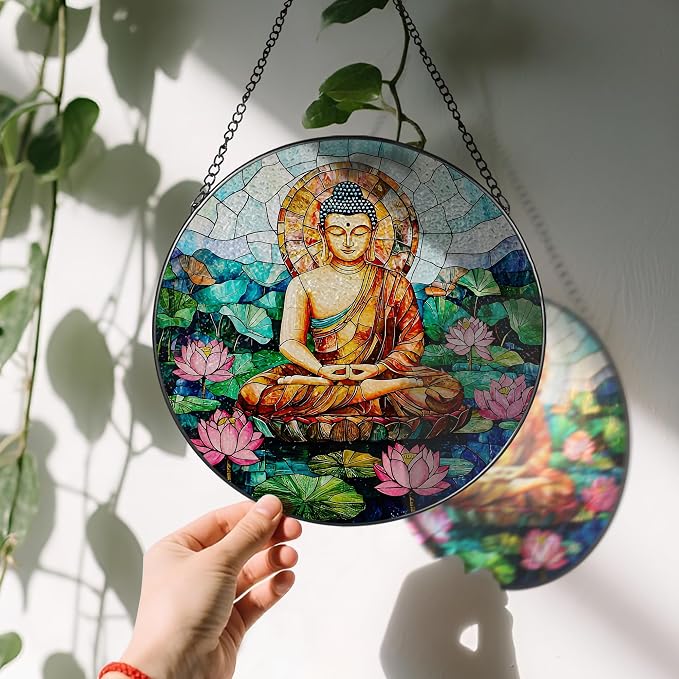 8-Inch Buddha Stained Glass Suncatcher & Ornament, Stained Glass Window Hanging, Sun Catcher Window Decor, Namaste Decor — Gifts for Buddhist & Yoga Lover, Gifts for Christmas, Birthday & Housewarming