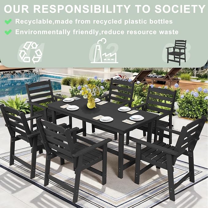 FUNBERRY Outdoor Dining Set, HDPE 7 Piece Dining Table Set with Chairs | 2" Umbrella Hole Table, Wood-Grain, HDPE All Weather, No Rot or Rust or Crack, UV Fade Shield, Easy-Clean for Outside