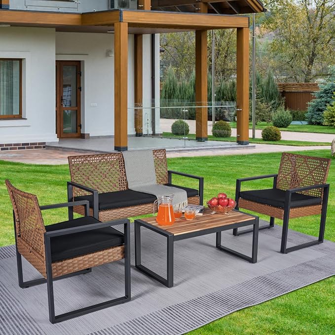 GDFStudio 4-Piece Patio Furniture Set with Acacia Wood Tabletop, PE Rattan Conversation Sofa Set, Steel Frame Outdoor Seating for Balcony Porch Garden Backyard Lawn, Black Cushions Light Brown Wicker