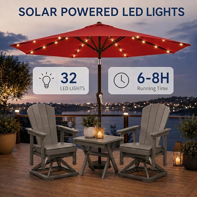 11FT Solar Patio Umbrella with Lights, Outdoor Table Market Umbrella with 32 LED Lights, 8 Sturdy Ribs, Smooth Crank Lift for Pool, Deck and Garden, UV-Resistant