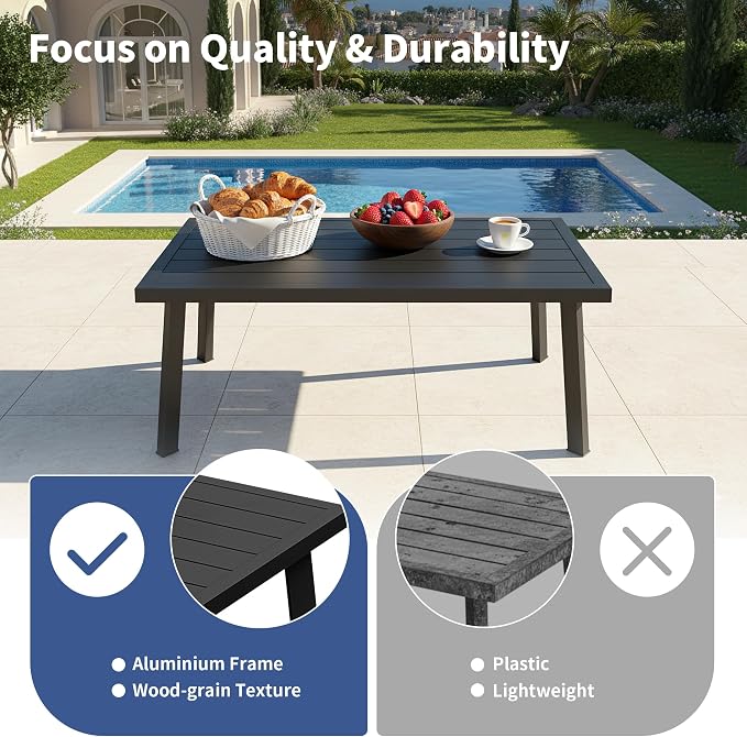Outdoor Coffee Table, Never-Rust Aluminum Patio Table with Wood Grain Texture, Modern Rectangle Slatted Garden Side Table for Porch, Deck, Balcony, Indoor & Lawn (Black)
