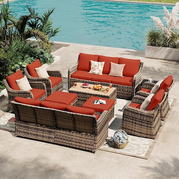 MEISSALIVVE Outdoor Patio Furniture Set with Swivel Chair, 10 Pieces Patio Conversation Set, Patio Sectional Furniture Set with 2 Three-seat Sofa, 2 Fixed Single Chair and Coffee Table (Red)