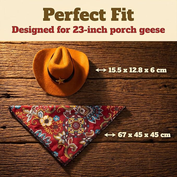 Western Cowboy Porch Goose Outfits – 2PCS Goose Costume Texas Ranger Hat & Bandana for 23 Inch Statue, Outdoor Garden Yard Patio Decor, Cowboy Goose Outfits for Porch Goose