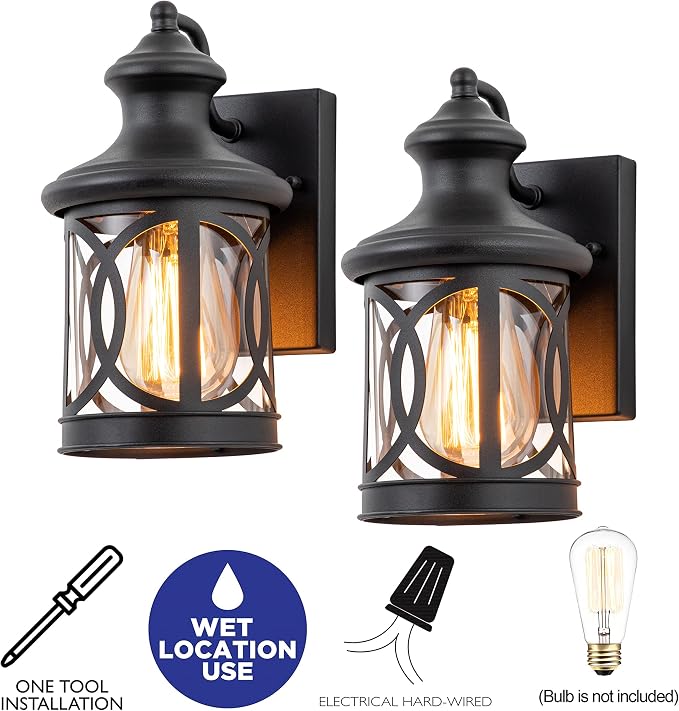 2-Pack Outdoor Wall Lights, Porch Lights, Waterproof Outdoor Wall Sconce, Exterior Light Fixture Matte Black with Clear Glass Shade for Garage Patio Front Door Balcony, 12in.