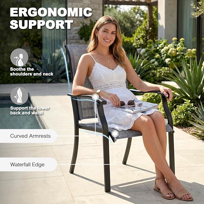 NUU GARDEN 5-Piece Patio Dining Set with Umbrella Hole, Outdoor Dining Set with 4 Textilene Chairs and 1 Square Metal Table, All Weather Patio Furniture Set for Backyard, Garden, Gray and Black
