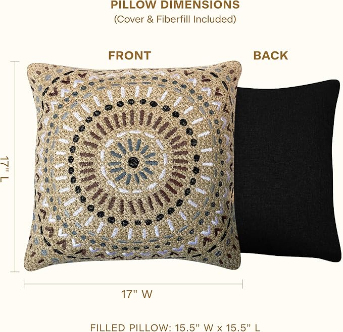 Honeycomb Outdoor Square Toss Pillows for Patio Furniture, 17 x 17, 2-Pack | Raffia Medallion Slate Throw Pillows, Water & Fade Resistant for Patio Furniture Set, 2-Pack