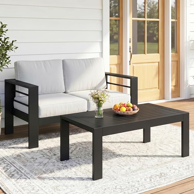 Solaste Aluminum Outdoor Loveseat with Coffee Table,2 PCS Patio Furniture Set with Cushions, All-Weather Outdoor Patio Sofa Sets for Balcony, Deck, Backyard, Porch, Garden, Light Grey