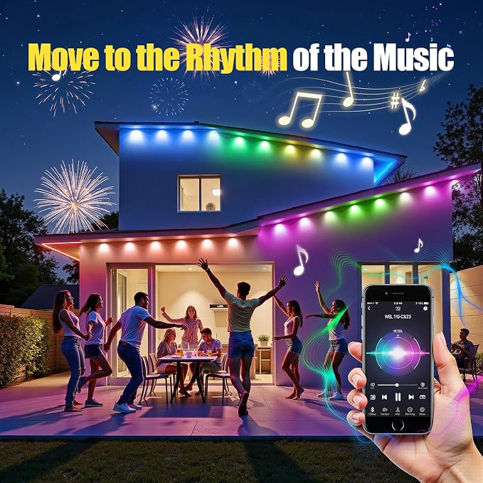 Permanent Outdoor Lights 50ft RGB+IC Eave Lights for House | IP67 Waterproof Smart LED Outdoor Lights with 16M Colors, App/Remote Control for Christmas, Halloween, Daily, Party