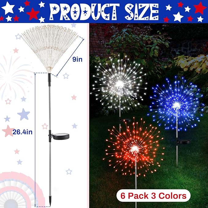 Tujoe 6 Pcs 4th of July Solar Firework Lights Patriotic Solar Light Outdoor Garden 120 LED 8 Modes Waterproof LED Sparkler Light for 250th Anniversary Patio Yard Pathway Walkway (Red,White,Blue)