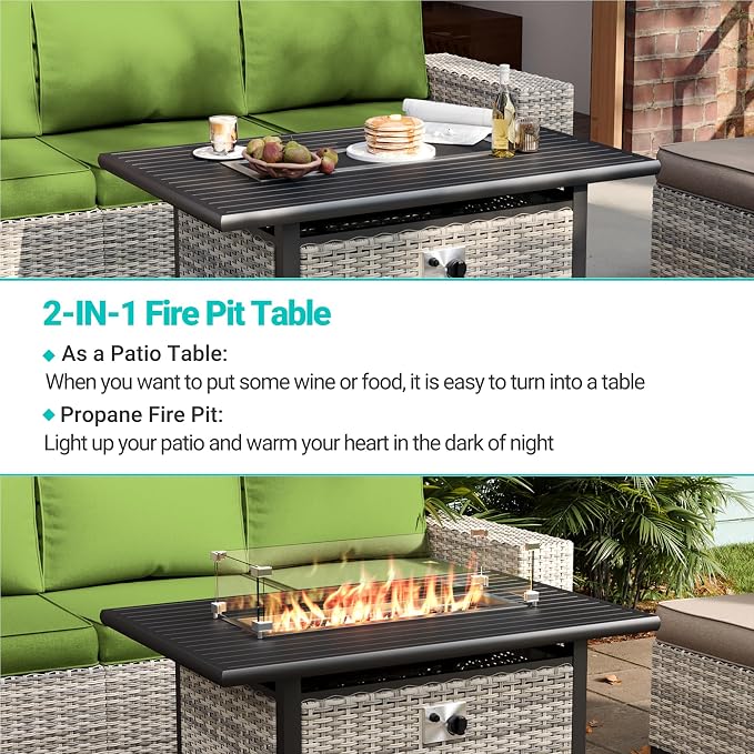 15-Piece Outdoor Patio Furniture Set with 55,000 BTU Fire Pit Table, PE Wicker Rattan Sectional Sofa Conversation Set - All-Weather Garden, Backyard Furniture, Avocado Green