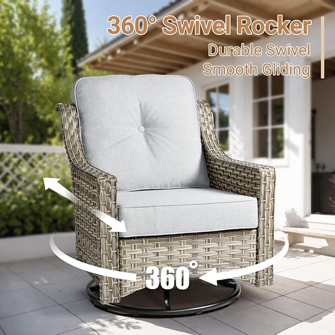 HOOOWOOO Outdoor Patio Furniture Set,8 Pieces Wicker Out Door Sectional Furniture L Shaped Couch,Patio Conversation Sets with Swivel Rocking Chair LED Table,Light Gray