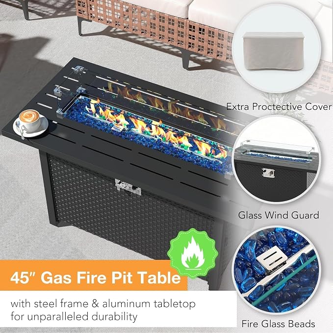 8-Piece Wicker Patio Furniture Set with Propane Fire Pit Table, Natural PE Rattan Outdoor Sectional Sofa with Water-Resistant Cushions, Wind Guard and Cover for Backyard Lounge Area(White)