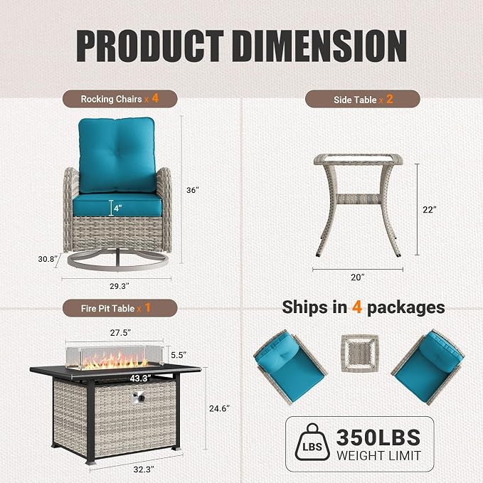 7Pcs Patio Rocking Swivel Chair with 55,000 BTU Fire Pit Table Outdoor Wicker Rattan Bistro Set with Tempered Glass Side Table, Outdoor Patio Furniture Set for Garden and Balcony, Turquoise