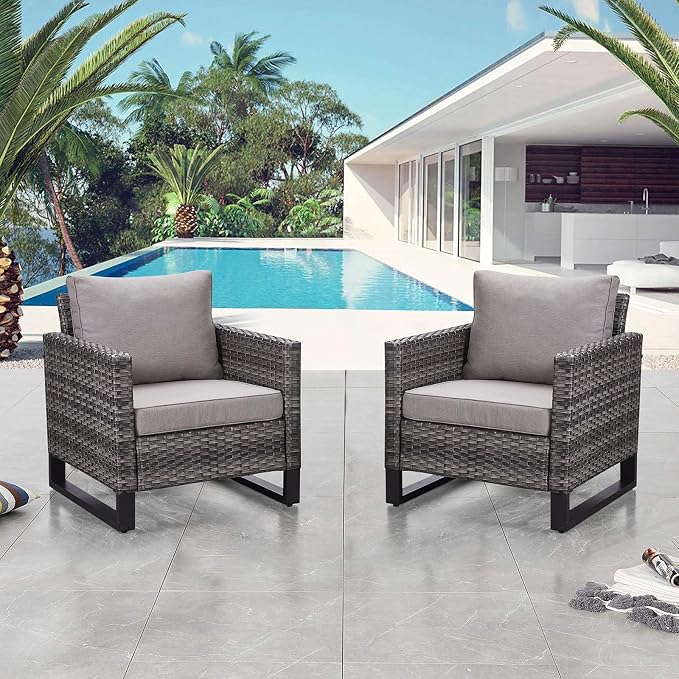 Belord Oversize Patio Chairs Set of 2 Outdoor Wicker Dining Chairs, All-Weather Rattan Patio Club Chair Furniture Sets with Water-Resistant Cushion Anti-Rust Frame Gray