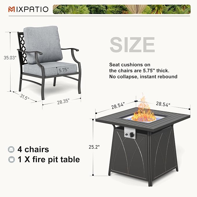 MIXPATIO Patio Furniture Set with Fire Pit Table, 5 Pcs Metal Outdoor Conversation Set, 4 Single Chairs with 5.75" Extra Thick Cushion and 28" Fire Pit Table for Backyard Deck, Grey