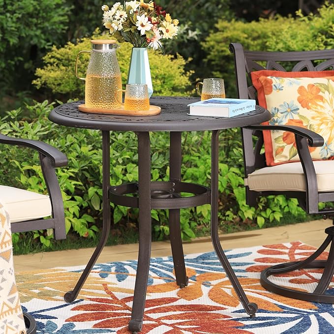 PHI VILLA 3 Pcs Cast Aluminum Patio Bistro Set, 2 Extra Wide Swivel Chairs with Cushion & 1 Round Bistro Dining Table with Umbrella Hole