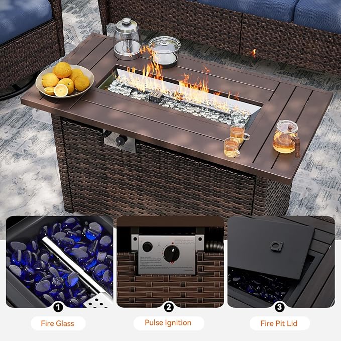 Aoxun 10-Piece Patio Furniture Set with 44'' Fire Pit Table, Luxury Outdoor Patio Furniture Set with 360° Swivel Chairs, Patio Conversation Set for Backyard, Poolside & Garden, Brown/Navy Blue
