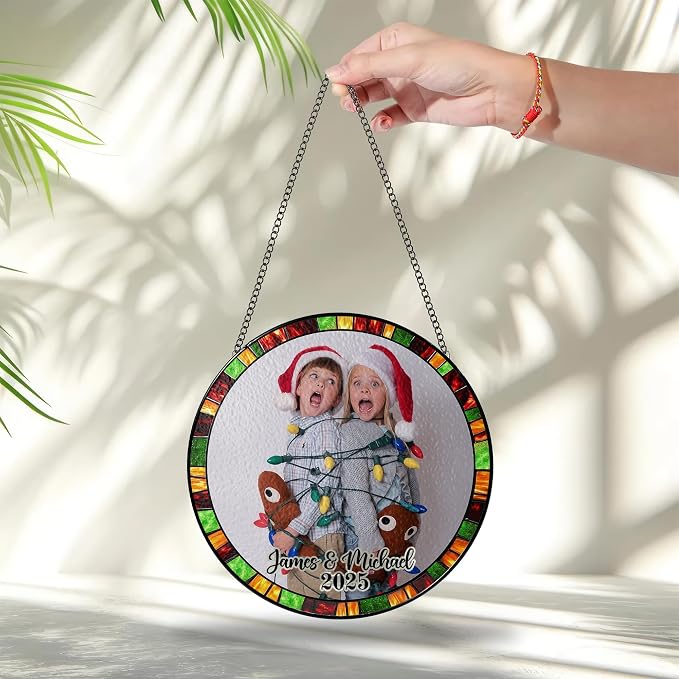 Personalized Stained Glass Christmas Suncatcher – Custom Family Photo Window Decor – First from Mom and Dad – Festive Holiday Keepsake Ornament