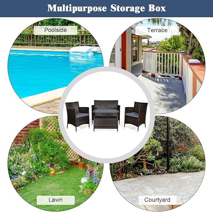 Goplus 4-Piece Rattan Patio Set, Outdoor/Indoor Wicker Conversation Set for Pool, Backyard, Lawn, Wicker Chairs and Sofa with Soft Cushion, Rattan Furniture with Tempered Glass Coffee Table