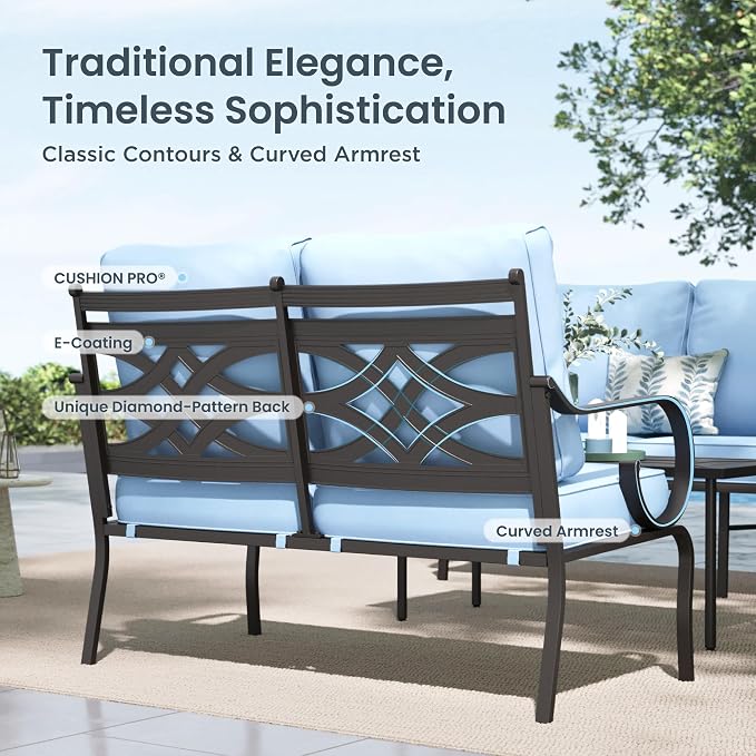 PHI VILLA Patio Furniture Set, a Loveseat, 3-Seater Sofa, 2 Rocking Chairs and a Coffee Table, Outdoor Metal Conversation Set with 5.75" Extra Thick Cushion for Garden Backyard Deck, Blue
