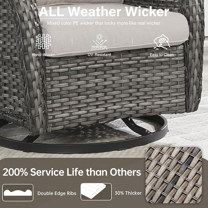 Outdoor Swivel Rocker Patio Chairs Set of 4 with Fire Table - 5" Thick Cushion 5 Piece Furniture Set with Fire Pit Table All Weather Wicker Conversation Set for Porch Deck - Gray/Beige