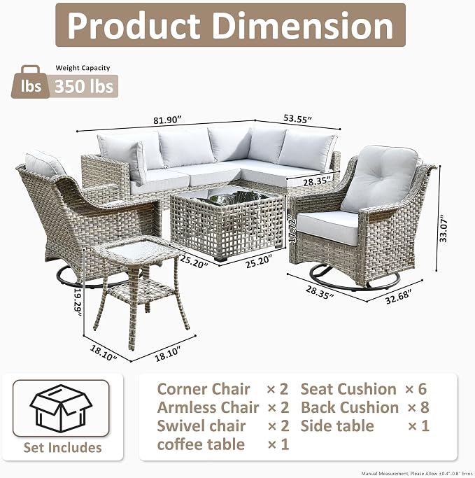 HOOOWOOO Outdoor Patio Furniture Set,8 Pieces Wicker Out Door Sectional Furniture L Shaped Couch,Patio Conversation Sets with Swivel Rocking Chair LED Table,Light Gray