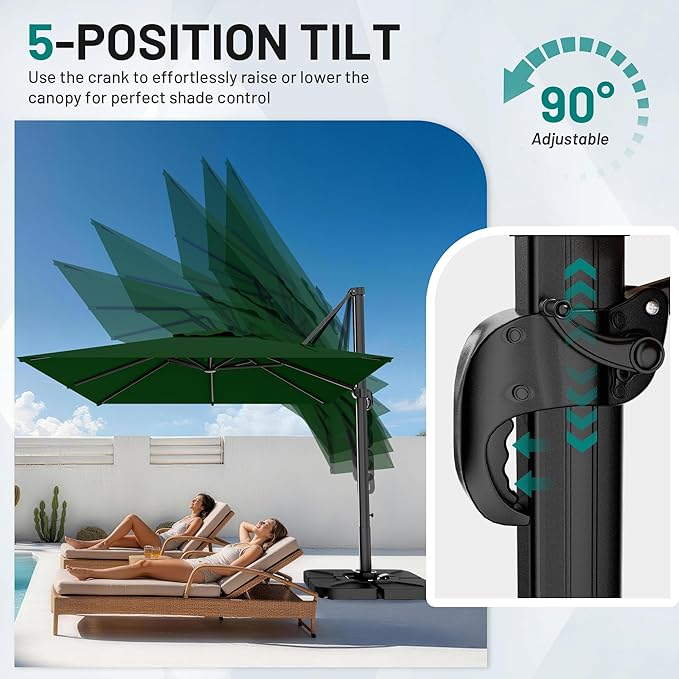 AreShark 9 × 9FT Square Cantilever Patio Umbrella with Base Included, 360° Rotation Offset Outdoor Umbrella, 5 Tilt Settings Heavy Duty Hanging Parasol for Deck Garden Pool, Dark Green