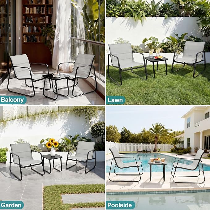 DUMOS 3 Piece Patio Furniture Set，Outdoor Patio Furniture Set with Table and Chairs, Sectional Bistro Sets for Lawn, Garden, Balcony, Pool, Poolside Gray