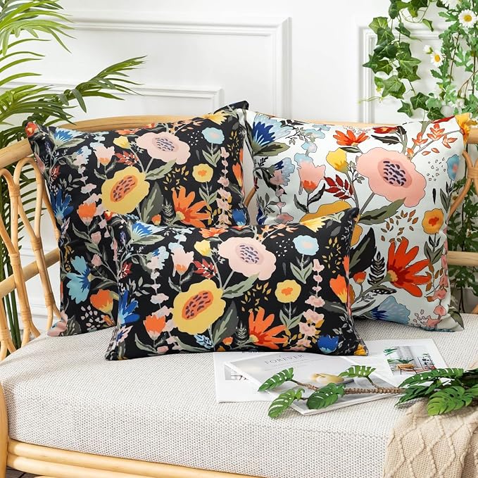 Floral Outdoor Throw Pillow Covers 20x20 Waterproof Colorful Summer Spring Garden Decorative Square Patio Pillows Outdoor Pillows Covers for Patio Furniture Set of 2 (No Pillow Insert)