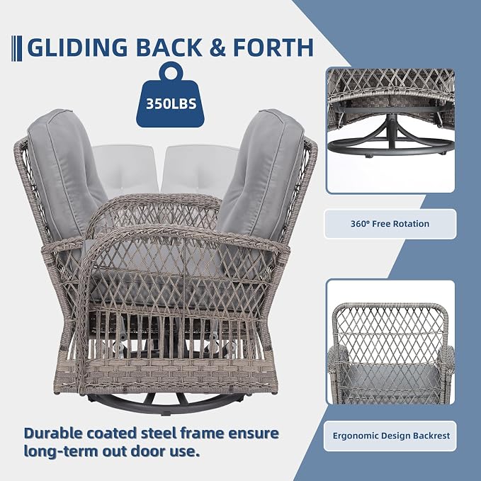 5-Piece Wicker Patio Furniture Sets Outdoor All-Weather Rattan Conversation Set Includes Glider Loveseat, 2 Glass-Top Coffee Tables, 2 Swivel Rocking Chairs for Porch Backyard, Gray
