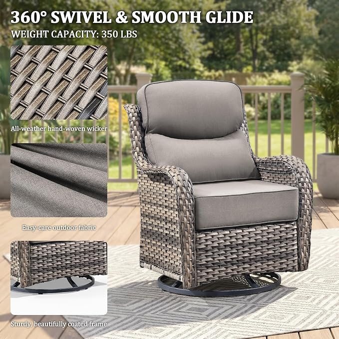 Luxury Swivel Rocker Chairs Fire Pit Table Set with 6" Thick Cushion 5 piece Wicker Outdoor Patio Chair with Sofa,Comfortable High Back Outdoor Patio Furniture Set - Gery | Gery