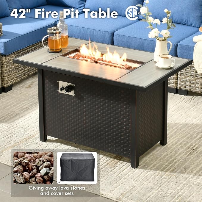 Weaxty 7 Pieces Wide Seats Outdoor Furniture Set, L Shape Sectional Couch Ottoman Fire Pit Solar Table, Thick Cushion All-Weather Rattan Patio Conversation Sets for Backyard Porch Deck, Denim Blue