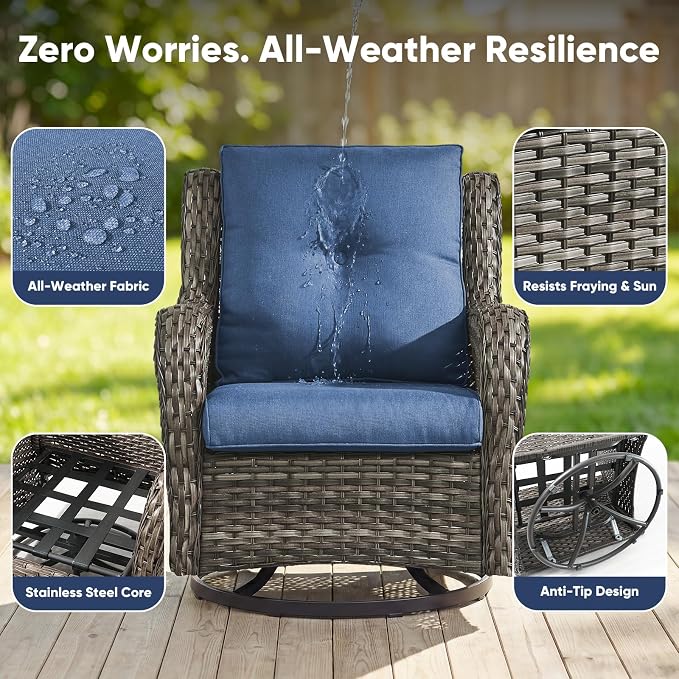 Belord Patio Furniture Set with Fire Pit Table,7 Piece Wicker Outdoor Furniture Set, Swivel Rocker Chairs with Ottomans and Sofa, All Weather Patio Conversation Set, for Pool,Yard,Gray Wicker/Blue