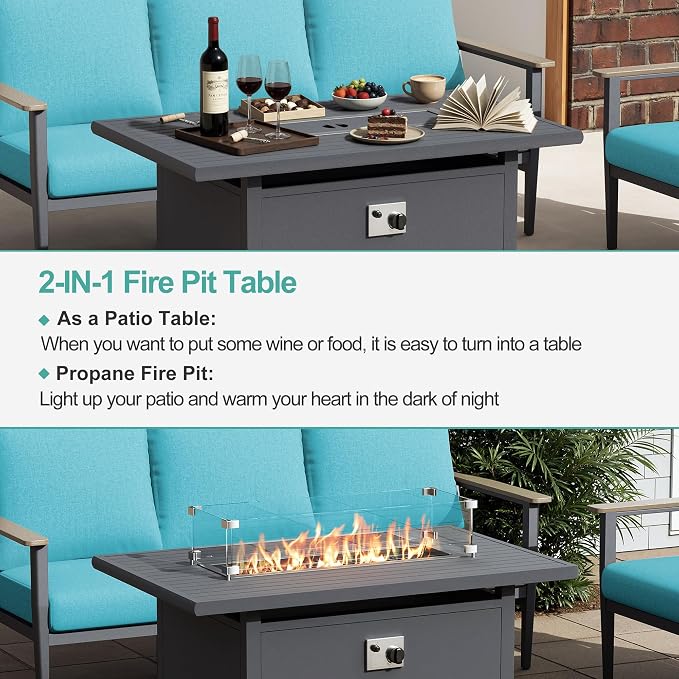 Aluminum Outdoor Patio Furniture Set with Swivel Rocking Chairs 9-Seat, Patio Sectional Sofa Patio Conversation Set with 55,000 BTU Fire Pit Table High Backrest & Thickened Cushions, Turquoise