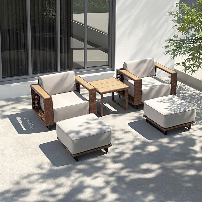 5 Pieces Outdoor Patio Furniture Set, PE Rattan Weaving Sofa with 10 inch Thick Cushions, with Dining Table,Coffee Table and 2 footstools, Steel Frame, Outdoor Conversation Set Brown/Beige/Wood